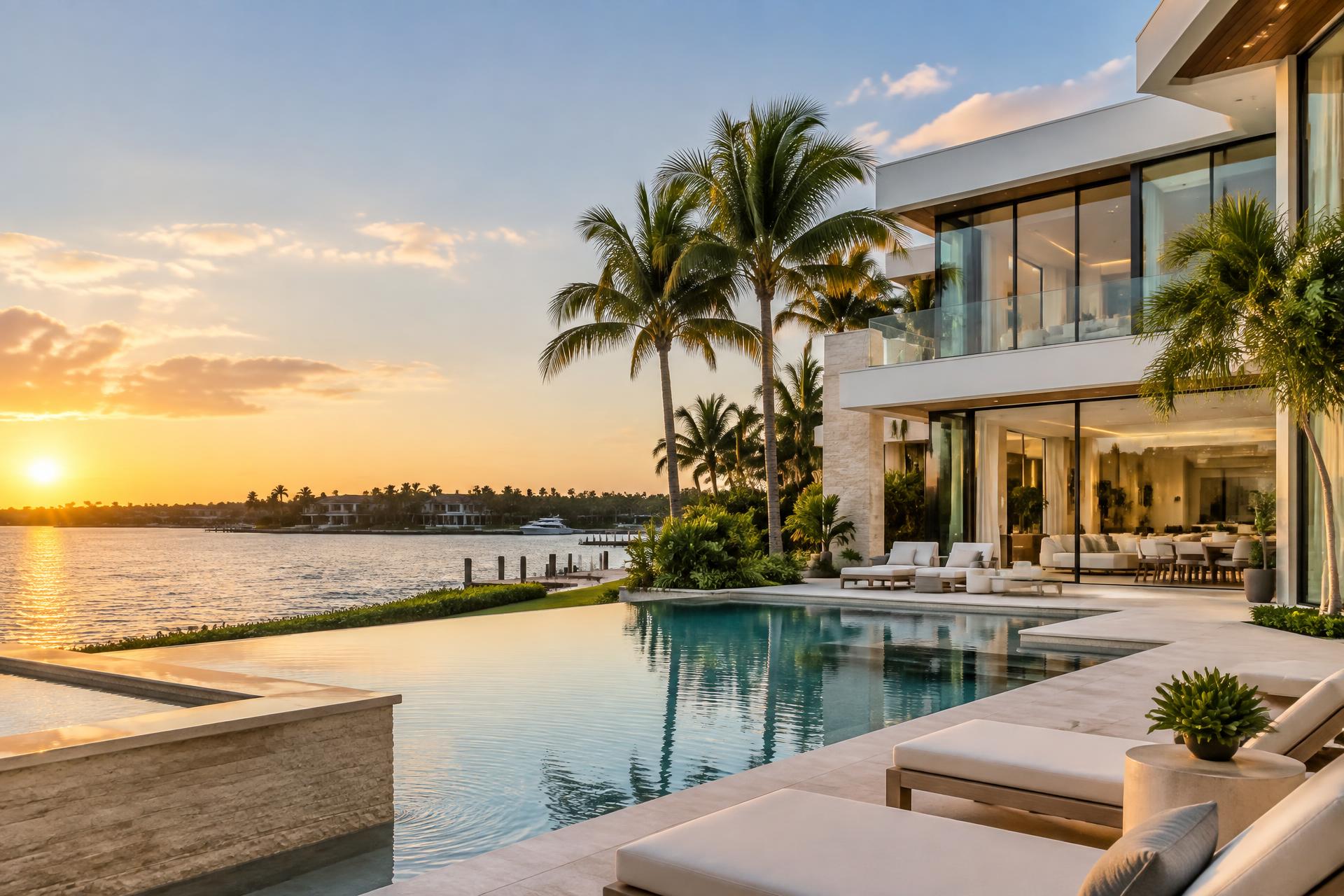 Contemporary waterfront residence in South Florida at sunset