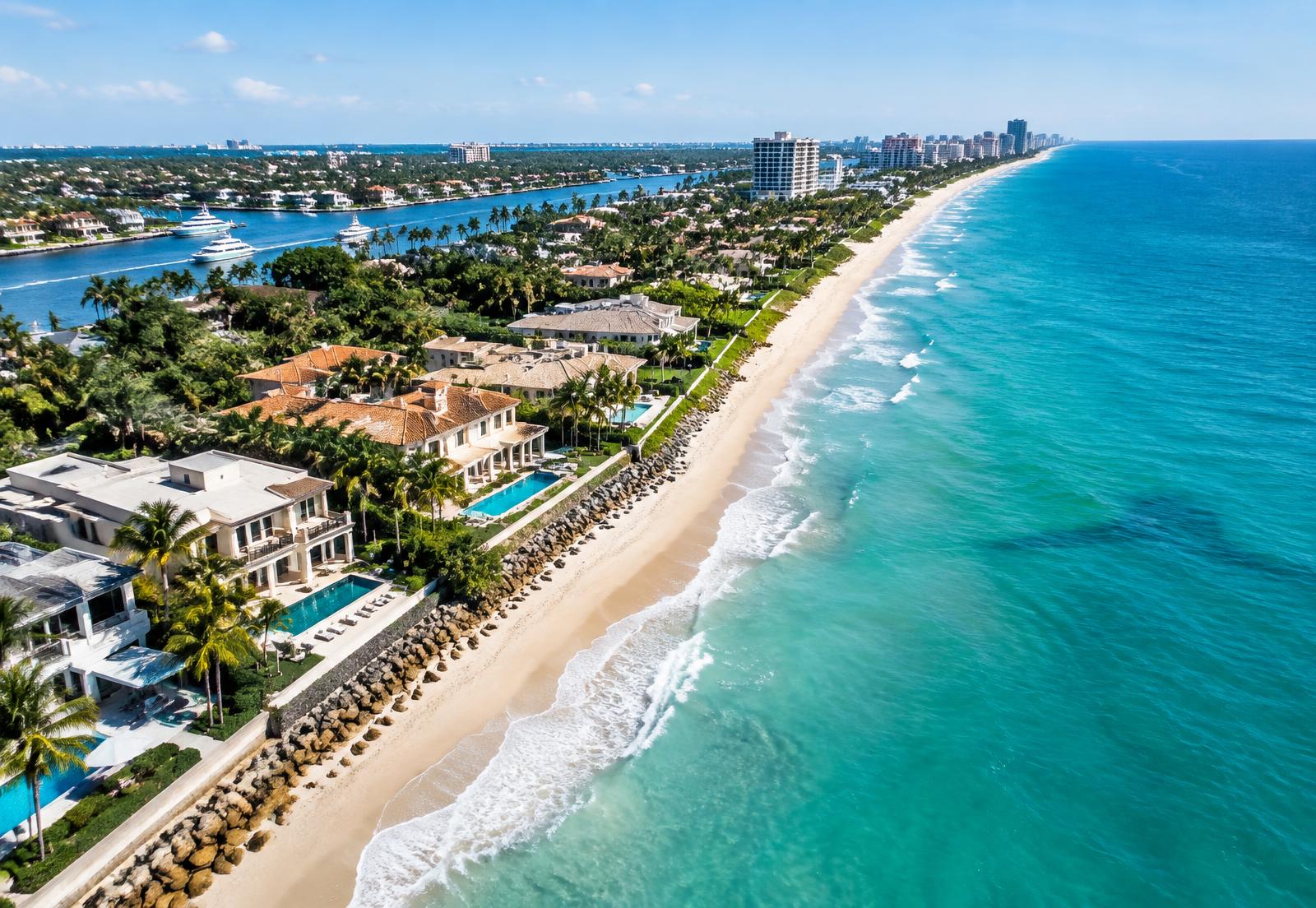 Aerial view of South Florida's coastline and waterfront homes
